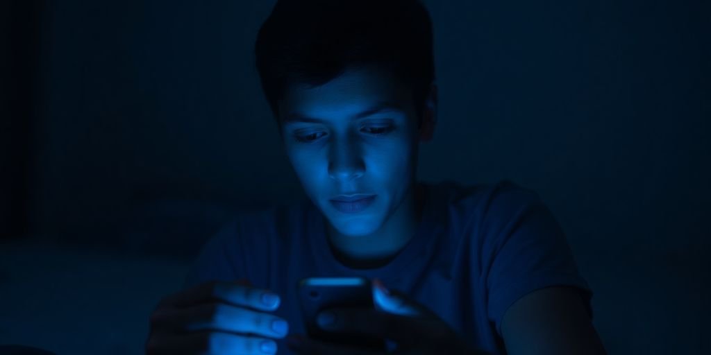 Moroccan teen looking at phone in dark room.