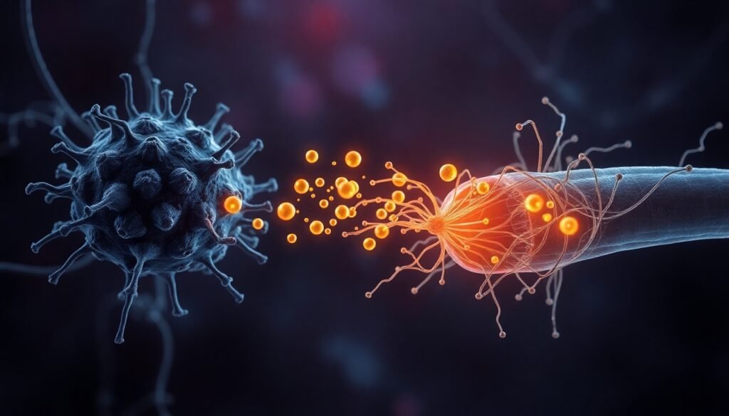 A realistic microscopic view showing a macrophage immune cell releasing glowing vesicles of glutamate towards a nerve ending that is intricately wrapped around a muscle fiber, illustrating the communication pathway that enhances muscle sensation.
