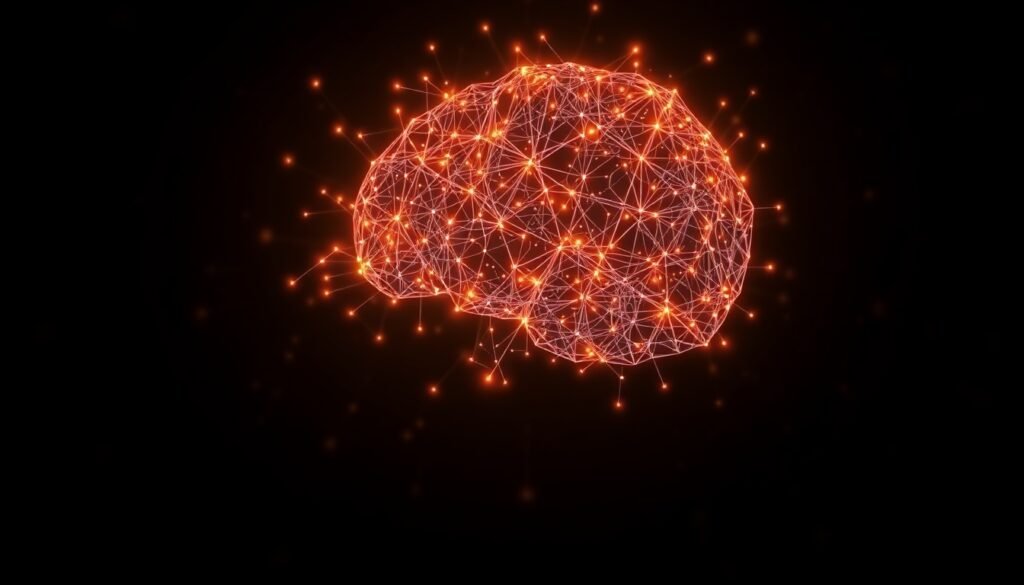 A realistic illustration of a complex, glowing neural network forming the shape of a human head, symbolizing the intricate data-driven mapping of personality traits