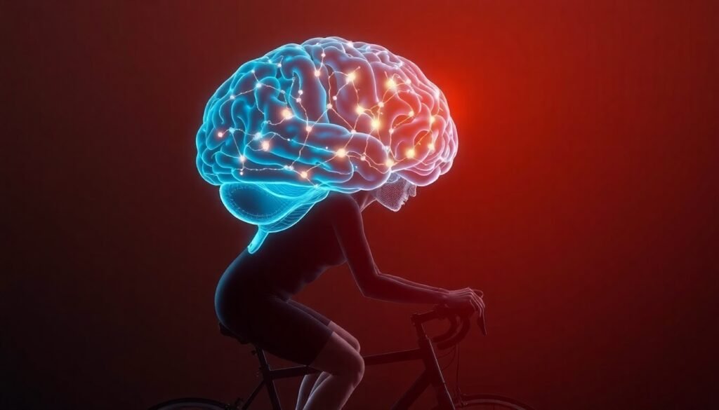 A realistic illustration of the human brain with glowing neural pathways, superimposed over a person on a stationary exercise bike, symbolizing the connection between cycling and neural rewiring in Parkinson's disease