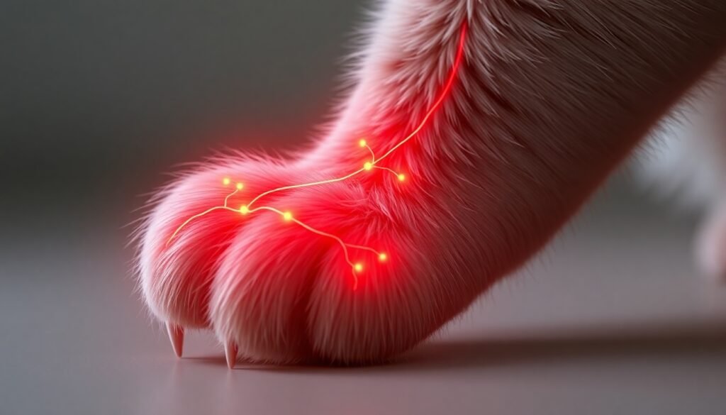 A realistic illustration of a cat's paw with glowing red lines indicating nerve pathways, symbolizing the chronic pain and neuroplastic changes caused by declawing
