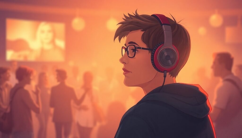 A realistic illustration of a person listening to music on headphones, with a soft-focus, nostalgic memory of a past event blending into the background, symbolizing the connection between sound and memory.