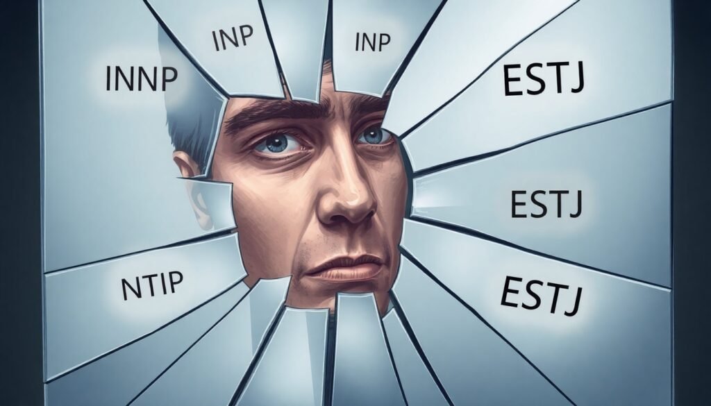 A realistic, thought-provoking illustration of a person's face reflected in a shattered mirror. Each shard of the mirror shows a different four-letter personality type code (like 'INFP', 'ESTJ'), symbolizing the fragmented and often misleading nature of personality tests.