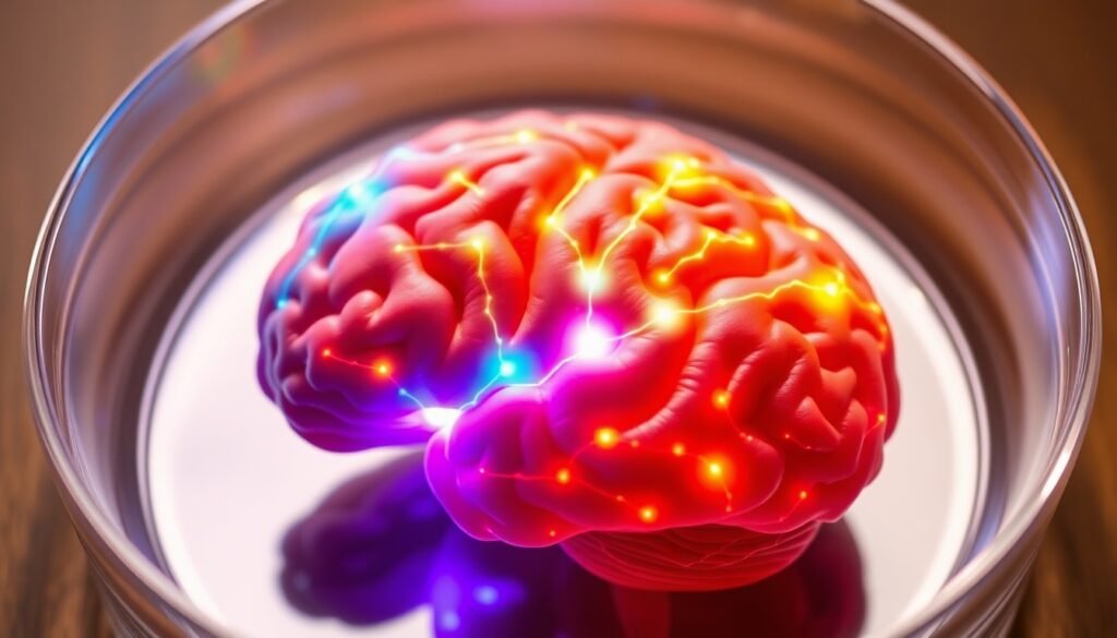 A realistic illustration of a multi-region brain organoid in a petri dish, with glowing neural connections linking different colored brain regions, representing a miniature, functional human brain model.