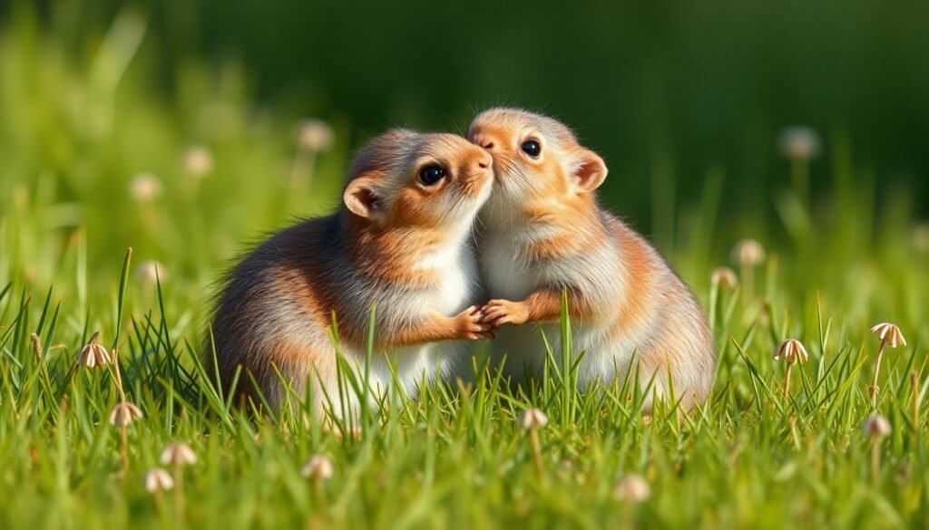 A realistic illustration of two prairie voles huddling together in a grassy field, symbolizing friendship and social bonding in neuroscience research.