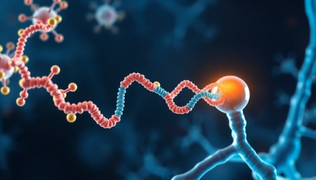 A realistic illustration showing engineered protein binders (decoys) attaching to a toxic alpha-synuclein fibril, preventing it from binding to a neuron's surface receptor in the brain.