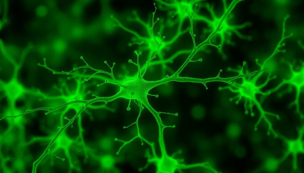 A realistic microscopic view of Kirrel3 inhibitory neurons, glowing green, forming a complex network with hippocampal cells, illustrating their role in memory precision.