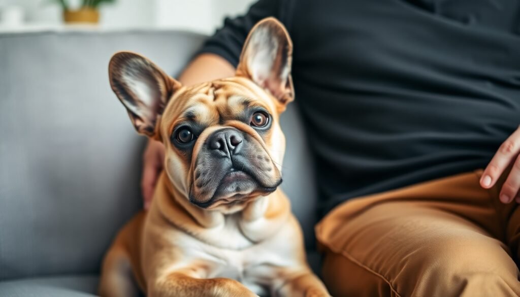 A thoughtful-looking French Bulldog sitting on a couch next to its owner, illustrating the close bond and environmental influence on dog behavior