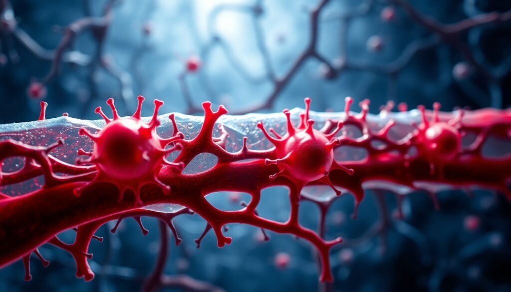 A realistic, microscopic view of the blood-brain barrier, showing immune cells and vascular cells forming a protective border around neurons in the background. The image has a scientific and slightly dramatic feel, with light highlighting the barrier cells.
