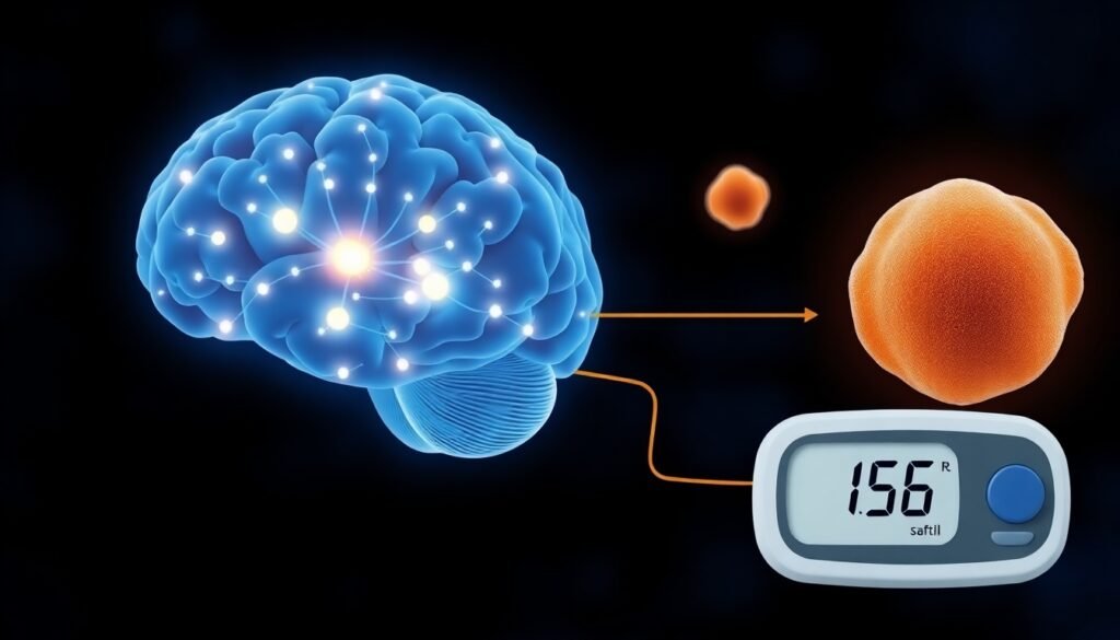 A realistic illustration of a human brain with glowing neurons in the hypothalamus, connected to a stylized representation of fat cells and a blood glucose monitor showing a stable reading.