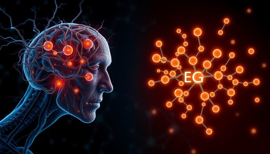 A realistic illustration of aged, tangled neurons on one side being rejuvenated and cleared of plaque by glowing molecules representing nicotinamide and EGCG on the other side, showing a clear contrast between decline and restoration