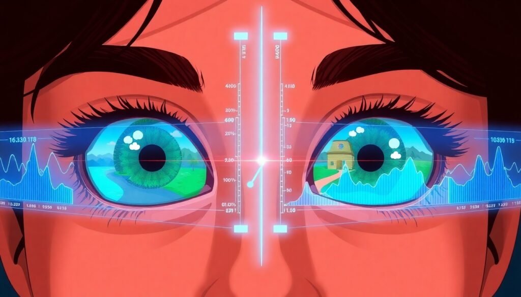 A realistic illustration of a person's eyes looking at a split computer screen showing two different scenes, with data overlays representing brain activity and focus levels