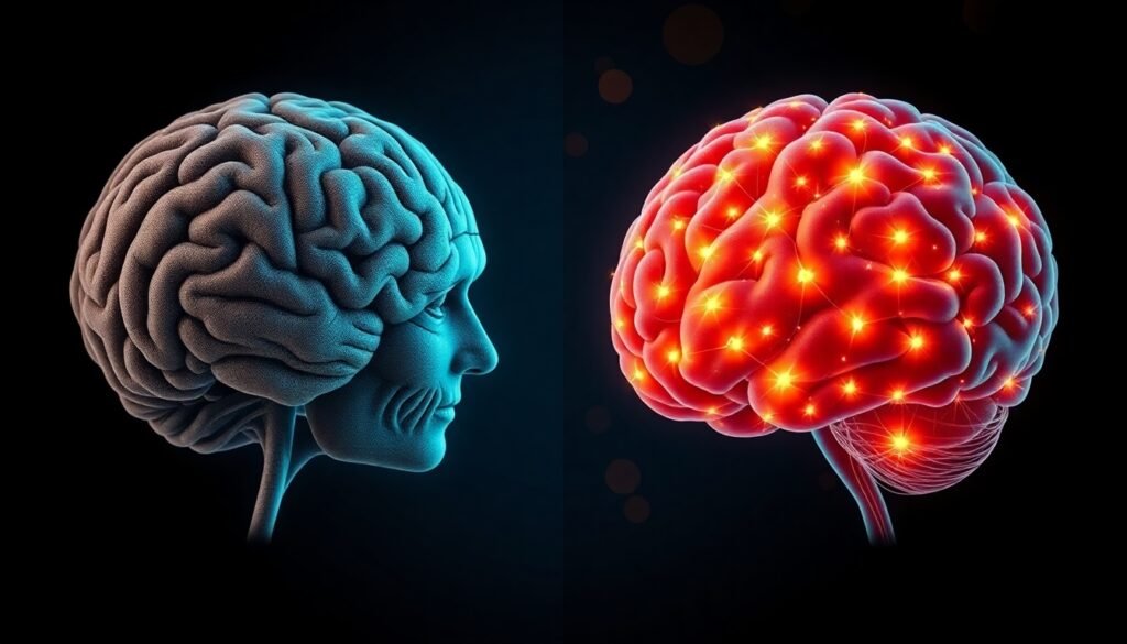 A realistic illustration of an aging human brain on one side, with sparse neural connections, transforming into a vibrant, youthful brain on the other side with dense, glowing synapses, symbolizing the reversal of brain aging.