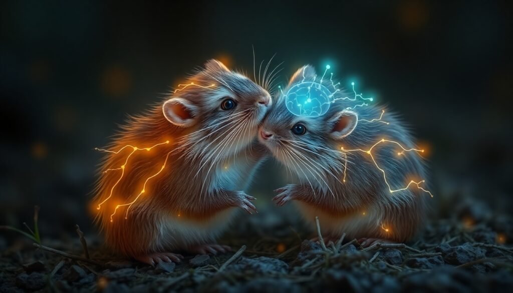 A realistic illustration of two prairie voles huddling together, with glowing neural pathways representing oxytocin's effect on their brains, symbolizing friendship and social bonding.