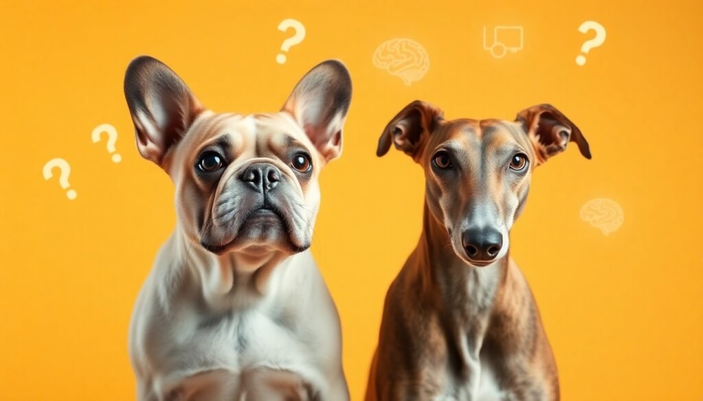 A thoughtful French Bulldog sitting next to a long-nosed dog like a Greyhound, with subtle question marks and brain diagrams in the background to represent the scientific inquiry into their behavior