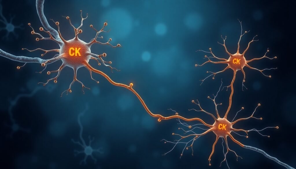 A realistic illustration of a neuron releasing the neuropeptide cholecystokinin (CCK), which then diffuses to influence the synaptic connections of neighboring neurons, highlighting the mechanism of heterosynaptic plasticity.