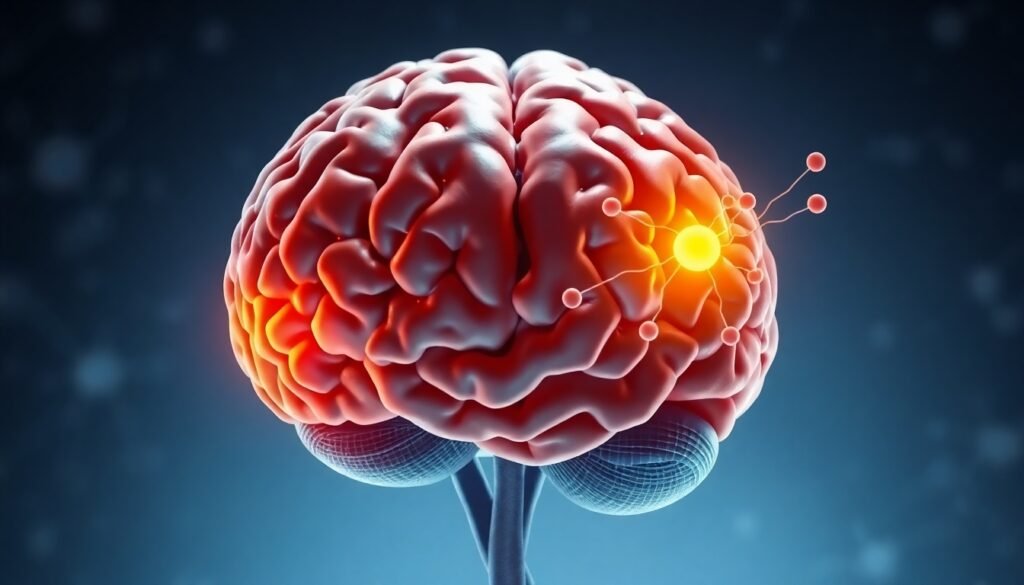 A realistic illustration of the human brain with the amygdala highlighted, showing neural pathways and molecules targeting specific pain-related neurons.