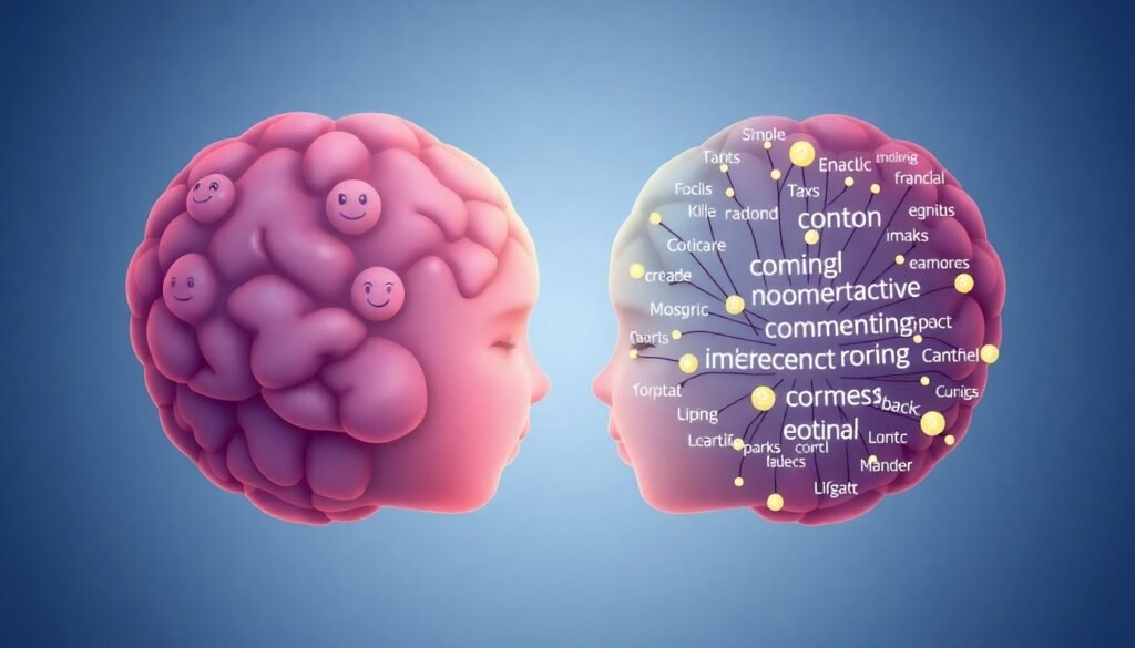 A realistic illustration of a child's brain with two distinct hemispheres, one showing simple facial icons representing perception, and the other showing interconnected nodes and words representing complex conceptual understanding of emotions.