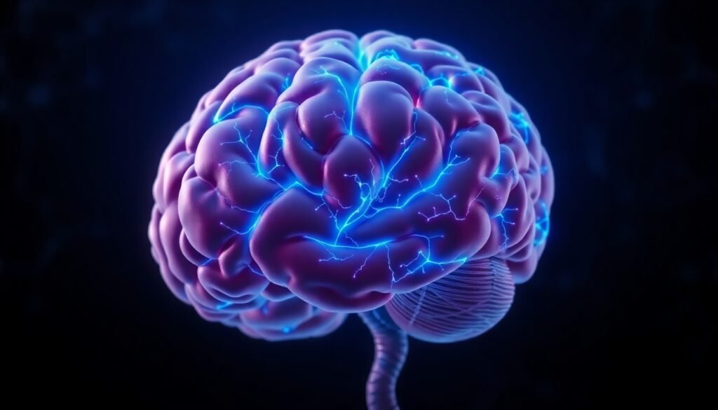 A realistic illustration of the human brain with neural pathways highlighted in blue, showing diminished activity in the frontal and parietal lobes, symbolizing the blunted reward response linked to genetic depression risk
