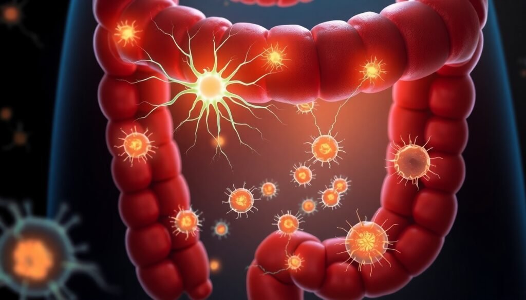 A realistic, detailed illustration showing a cross-section of the colon wall. Glowing neuropod cells are embedded in the epithelial lining, with their nerve-like projections reaching towards vagal nerve fibers. In the gut lumen, abstract representations of microbes release flagellin molecules that bind to the neuropod cells, triggering a signal.