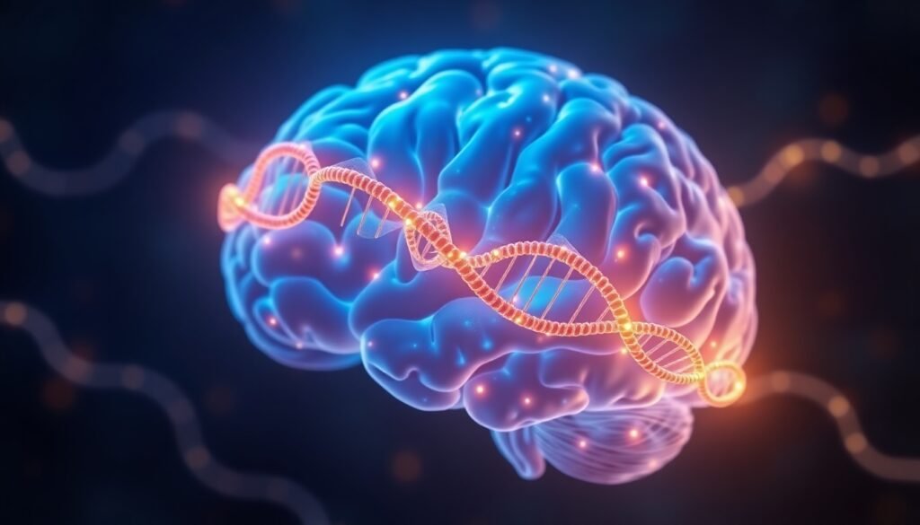 A realistic illustration of a human brain with glowing strands of DNA intertwined, symbolizing the newly discovered role of LINE-1 transposons in neurodevelopment