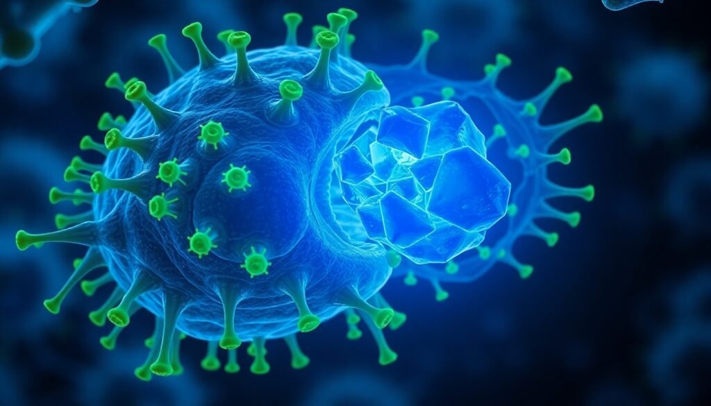 A realistic illustration of a microglia cell with glowing green chimeric antigen receptors (CARs) on its surface, actively engulfing and breaking down blue amyloid plaques in the brain.
