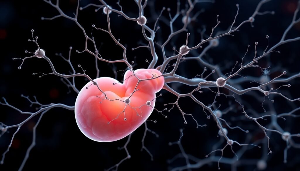 A realistic illustration of a network of developing neurons in the fetal brain, with faint, abstract representations of microbes intertwined, symbolizing the influence of the maternal microbiome on neurodevelopment.