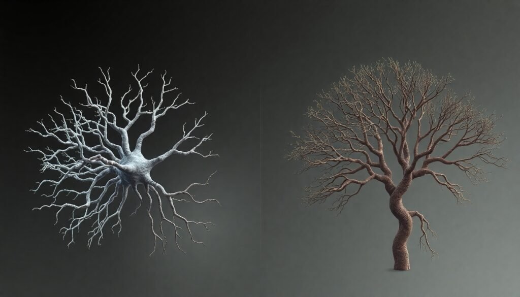 A realistic illustration depicting the rejuvenation of an aging neuron, with tangled, sparse dendrites on one side transforming into a complex, healthy dendritic tree on the other, symbolizing the reversal of cognitive decline.