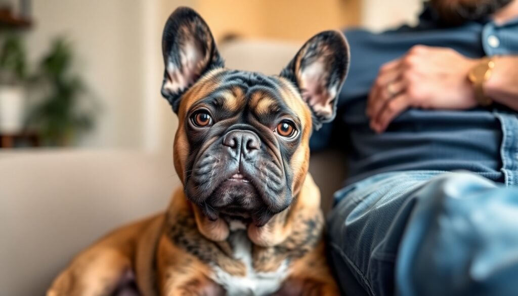 A thoughtful-looking French Bulldog sitting on a couch next to its owner, illustrating the close bond and environmental influence on dog behavior