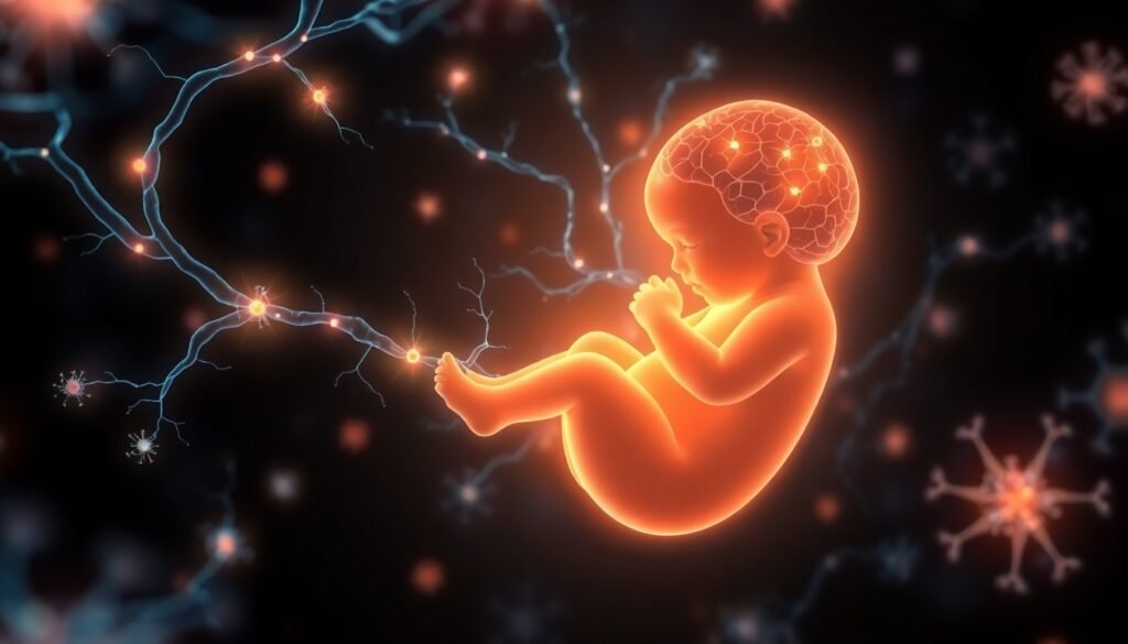 A realistic illustration depicting the symbiotic relationship between a mother's microbiome and the developing brain of a fetus in the womb, with glowing neural pathways and microbial signals.