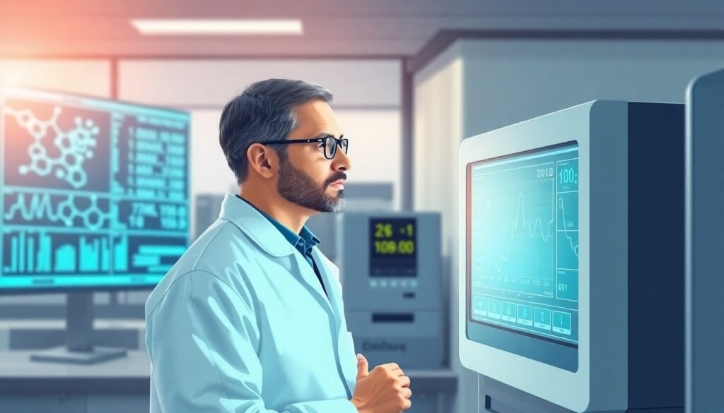 A realistic illustration of a scientist in a modern laboratory looking intently at an NMR spectroscopy machine's screen, which displays complex molecular data, symbolizing the crucial process of chemical verification.