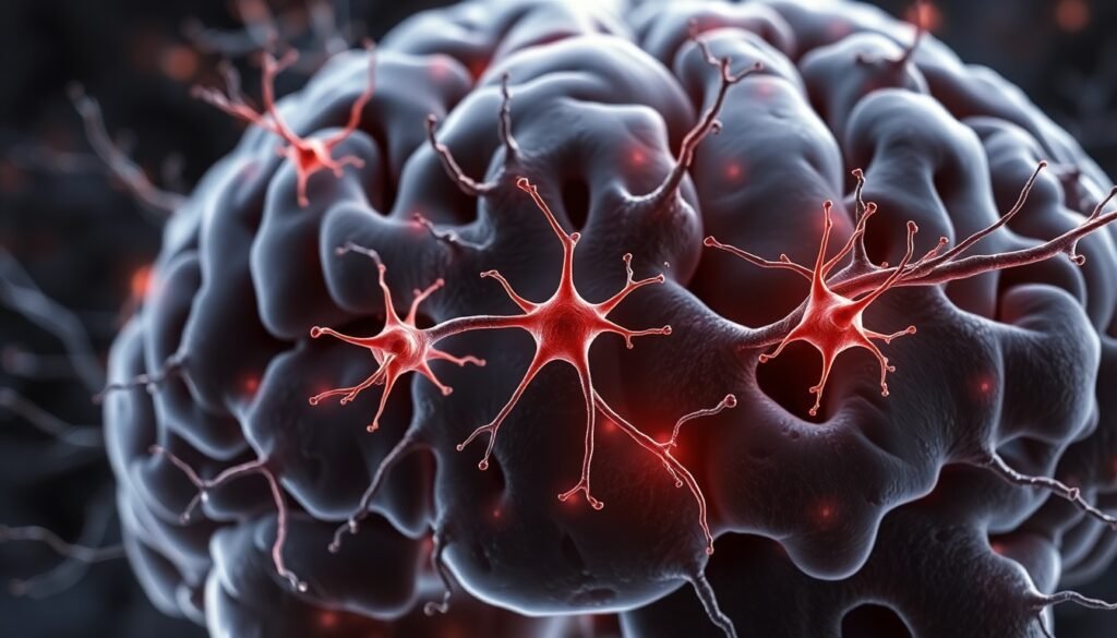 A realistic illustration of dopamine neurons in the substantia nigra showing some neurons overactivated and beginning to break down, representing cellular degeneration in Parkinson's disease
