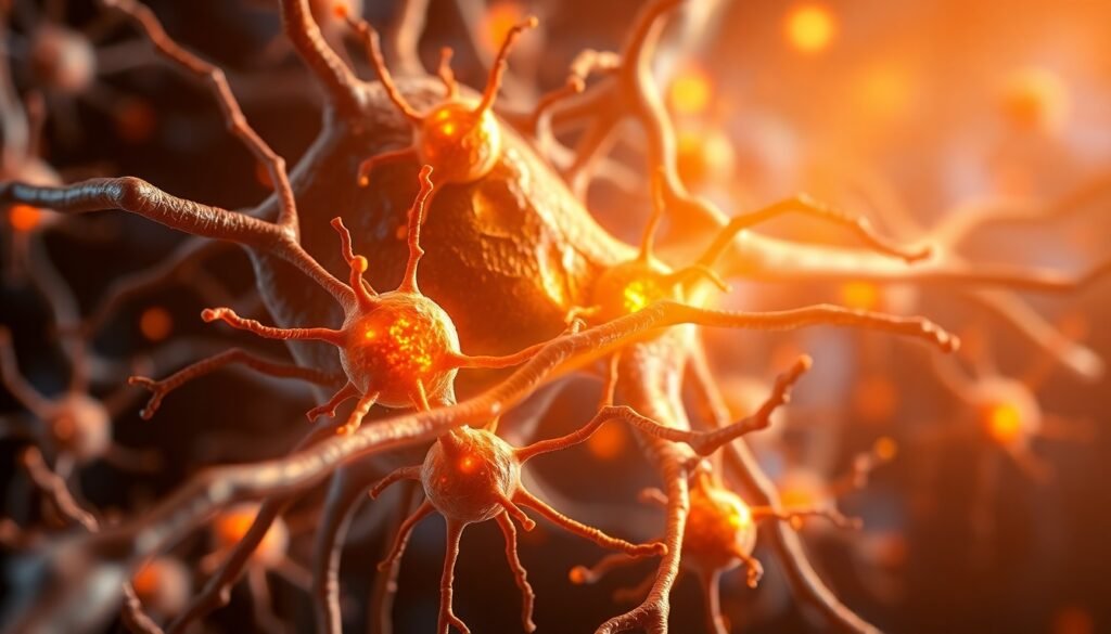 A realistic illustration of neurons in the prefrontal cortex, with some cells wrapped in a glowing, weakening perineural net, while mitochondria inside the cells shift their energy focus, symbolizing the neuroplasticity induced by antidepressants.