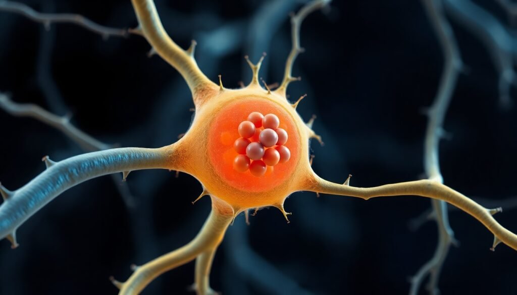 A realistic illustration of a parvalbumin-positive interneuron in the prefrontal cortex, with its perineuronal net partially dissolving, revealing the mitochondria within the neuron, symbolizing fluoxetine-induced plasticity.