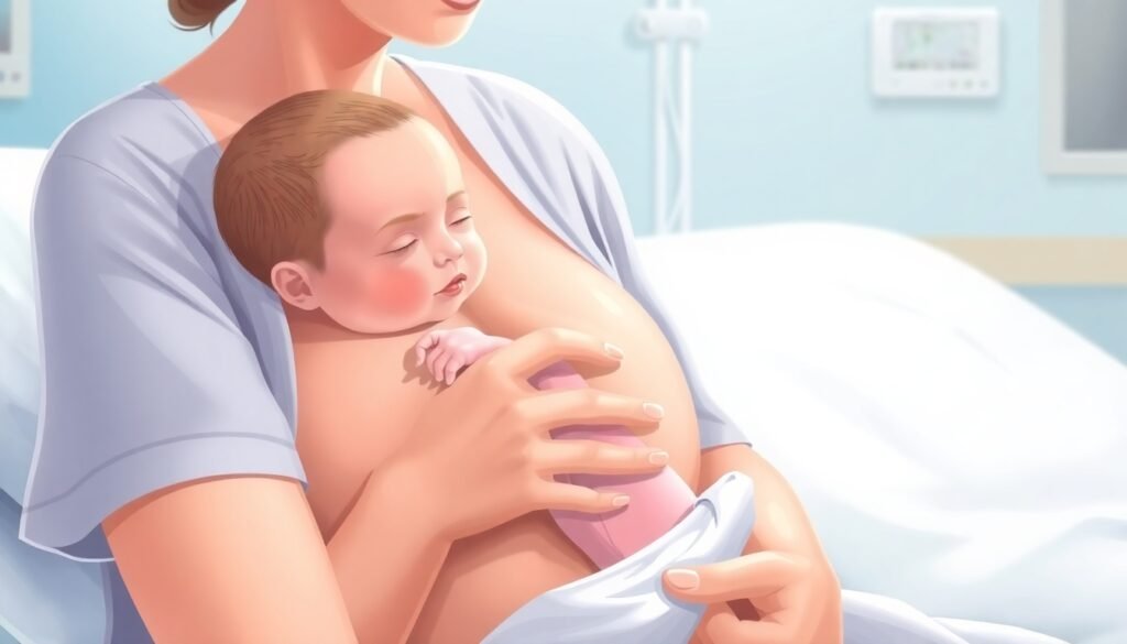 A realistic illustration of a mother holding her premature infant in skin-to-skin contact inside a neonatal intensive care unit, with the baby's tiny hand resting on the mother's chest.