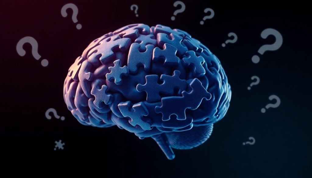 A realistic illustration of a human brain composed of disconnected puzzle pieces with question marks floating around it, symbolizing the uncertainty and lack of replicability in neuroimaging findings.