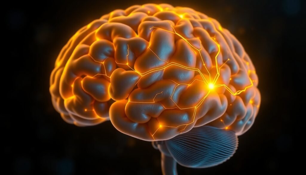 A realistic illustration of the human brain with glowing neural pathways highlighted in gold, representing dopamine's role as a teaching signal. The pathways connect the visual cortex to the striatum and motor cortex, symbolizing the process of learning a new skill, with one pathway being more prominent to show a personalized learning strategy.