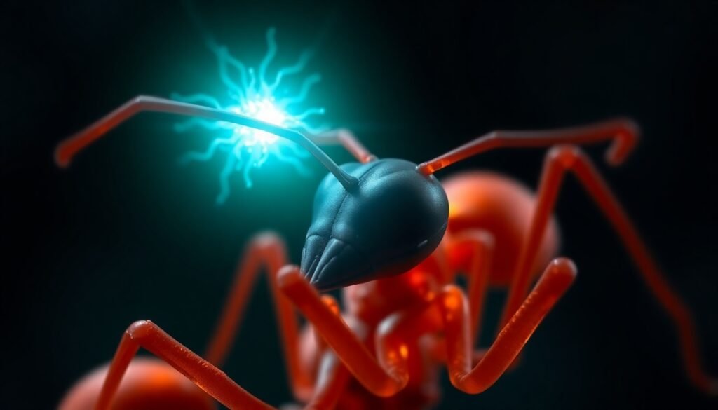 A realistic illustration of an ant's antenna with a glowing neuron, showing a central gene brightly lit while surrounding genes are dimmed, representing the concept of transcriptional interference.