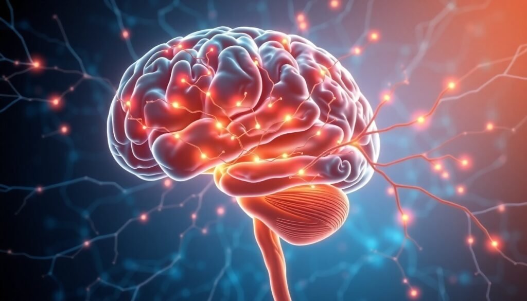 A realistic illustration depicting the intricate connection between the human brain and the digestive system, with neural pathways glowing to symbolize the gut-brain axis in the context of autism.