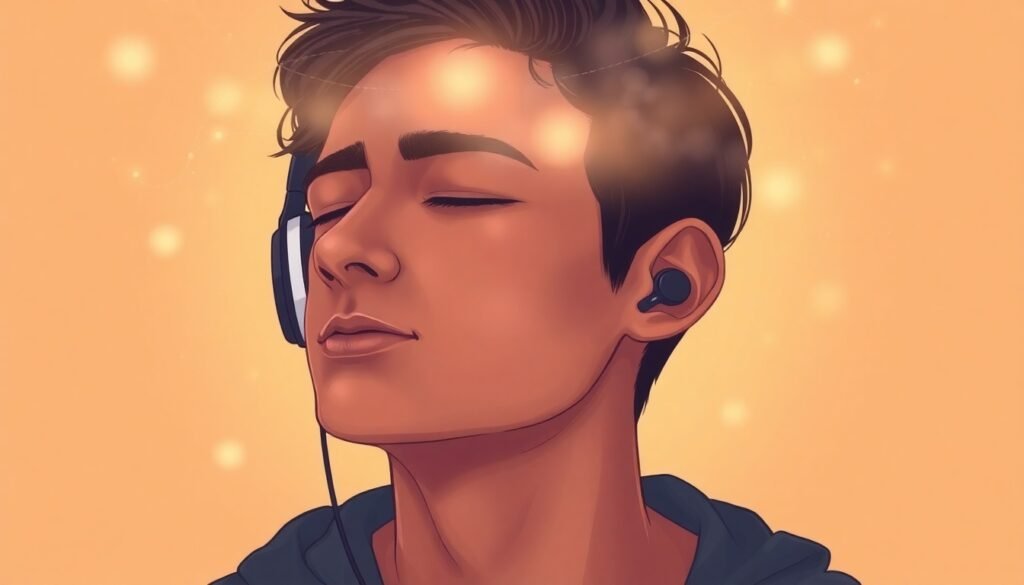 A realistic illustration of a person wearing modern in-ear headphones, eyes closed in serene reflection, with subtle, glowing lines representing brainwaves connecting to a cloud of warm, nostalgic memories.