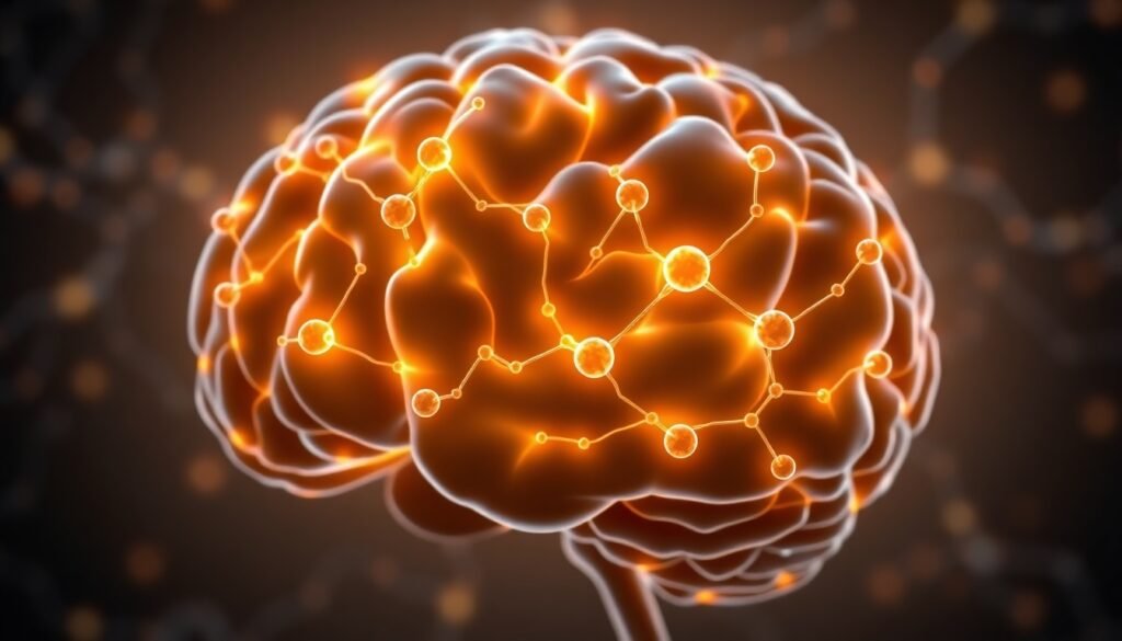 A realistic illustration of a human brain with glowing neural pathways intertwined with molecules representing GLP-1 agonists, symbolizing the connection between metabolic health and neurological function.