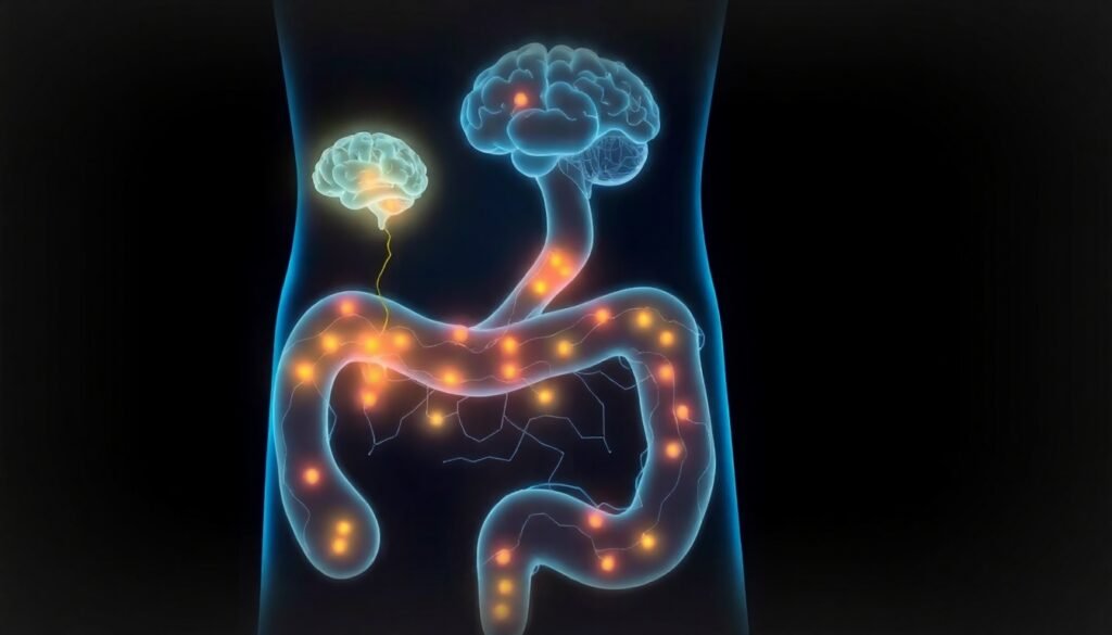 A realistic illustration of the human gut-brain axis, showing glowing taste receptors on the surface of the gut lining, with neural pathways connecting upwards towards a stylized brain.