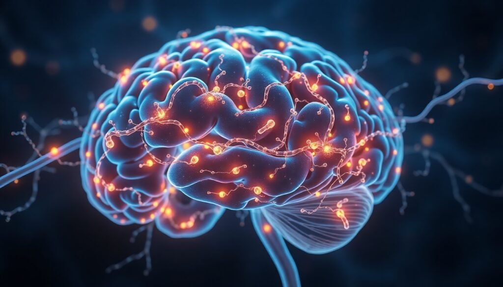 A realistic illustration of the intricate connection between the gut microbiome and the human brain, with glowing neural pathways intertwined with microscopic bacteria, symbolizing their communication in regulating sleep.