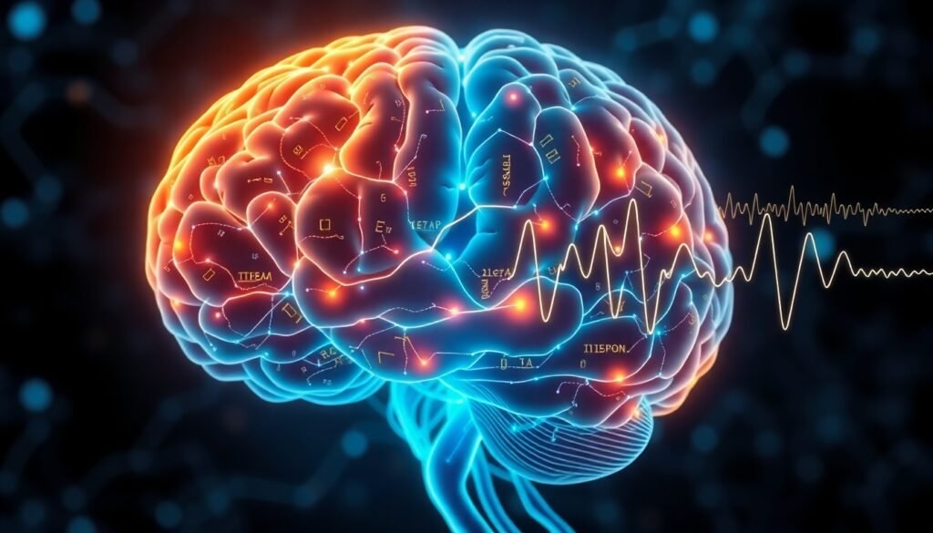 A realistic illustration of the human brain with glowing neural pathways, representing the flexible switching between memory recall and new sensory input, with waveforms of theta and gamma rhythms superimposed.