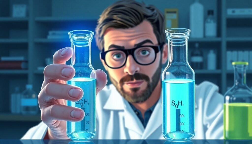 A realistic illustration of a scientist in a lab looking at two identical-looking vials, one glowing with a subtle blue light, symbolizing the hidden difference between two chemically distinct but identically named compounds.