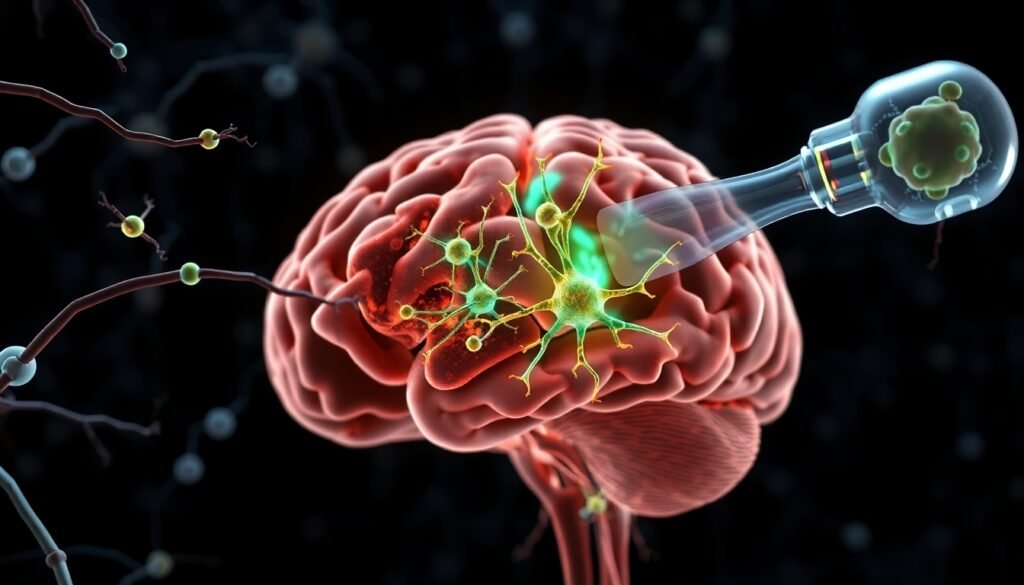 A realistic illustration of human neural stem cells being transplanted into a damaged brain region after a stroke, with new neurons growing and integrating into the existing neural network