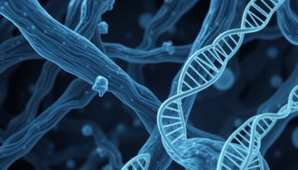 A realistic, detailed illustration of muscle fibers at a microscopic level, with some fibers appearing disorganized and atrophied, representing the effects of a myopathy, with DNA strands overlaid to signify the genetic cause.