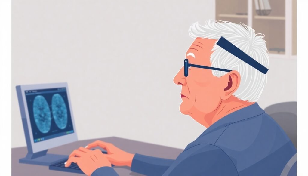 A realistic illustration of a healthy older adult taking the Fastball EEG test at home, with a small EEG cap on and a computer screen displaying abstract images.