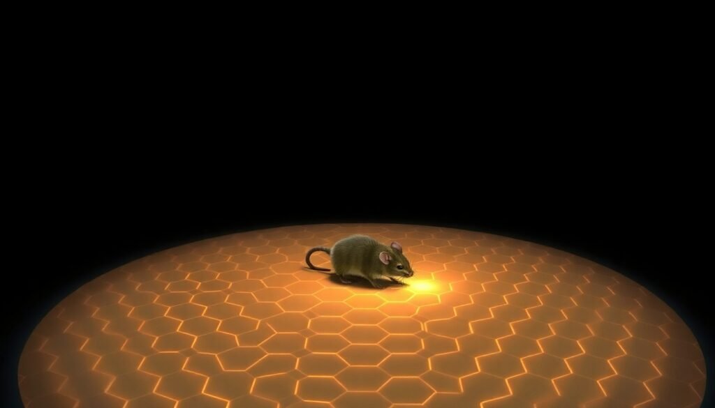 A realistic illustration of a mouse in a dark, circular arena. A faint, glowing hexagonal grid pattern is overlaid on the floor, representing the brain's internal map. The grid is shown shifting its central anchor point from the surrounding room to a small, illuminated lever that the mouse is interacting with.