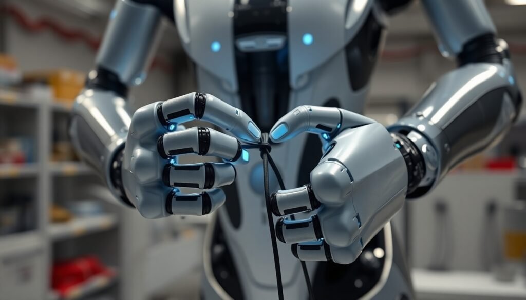 A realistic image of a sleek, dual-armed robot in a lab setting, with glowing blue tactile sensors on its metallic fingertips as it carefully fastens a black zip tie around a bundle of wires.